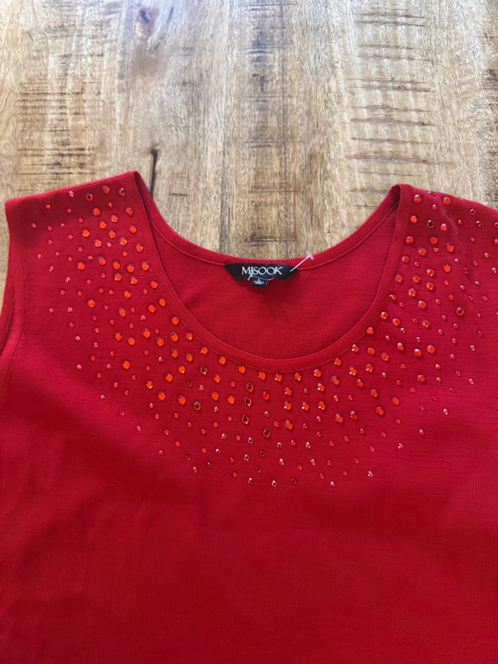 Misook Bright Red Sleeveless Knit Tank with Rhinestone gems EUC vintage large - Picture 3 of 7